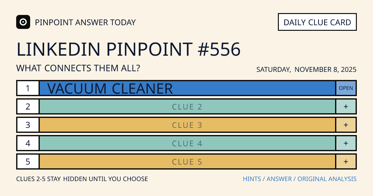 LinkedIn Pinpoint #556 clue card for Saturday, November 8, 2025, beginning with “Vacuum cleaner”