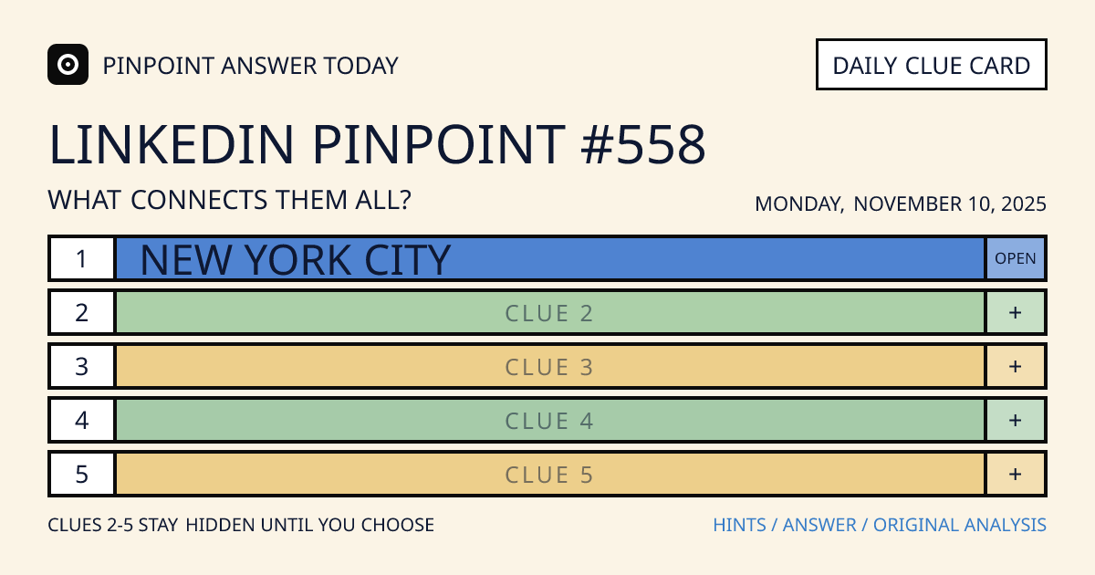 LinkedIn Pinpoint #558 clue card for Monday, November 10, 2025, beginning with “New York City”