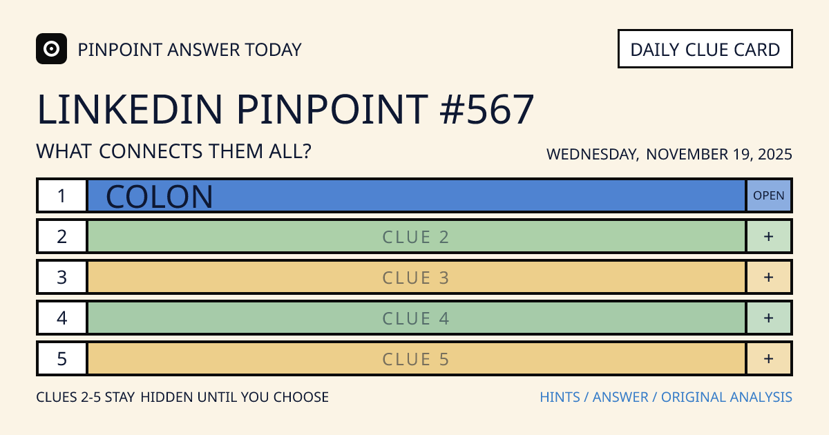 LinkedIn Pinpoint #567 clue card for Wednesday, November 19, 2025, beginning with “Colon”