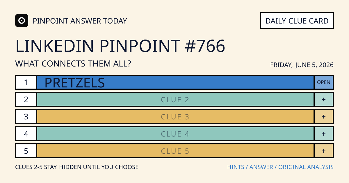 LinkedIn Pinpoint #766 clue card for Friday, June 5, 2026, beginning with “Pretzels”