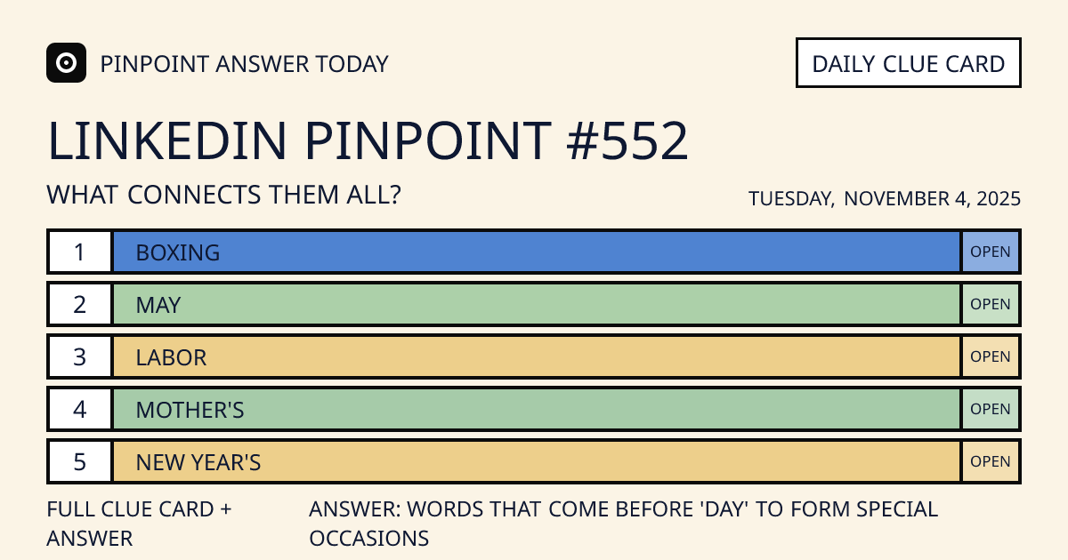 LinkedIn Pinpoint #552 clue card for Tuesday, November 4, 2025, beginning with “Boxing”