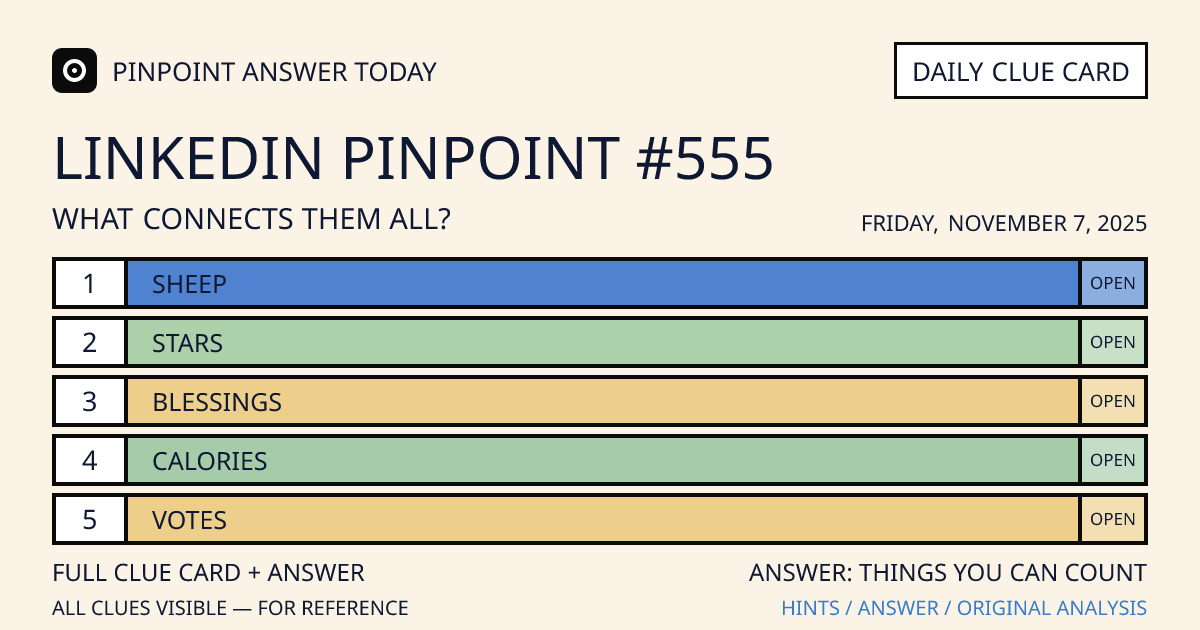 LinkedIn Pinpoint #555 clue card for Friday, November 7, 2025, beginning with “Sheep”