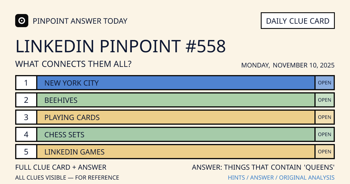 LinkedIn Pinpoint #558 clue card for Monday, November 10, 2025, beginning with “New York City”