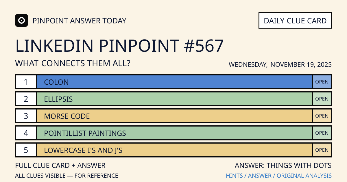 LinkedIn Pinpoint #567 clue card for Wednesday, November 19, 2025, beginning with “Colon”