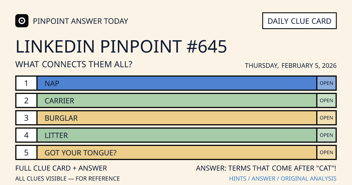 LinkedIn Pinpoint #645 clue card for Thursday, February 5, 2026, beginning with “Nap”