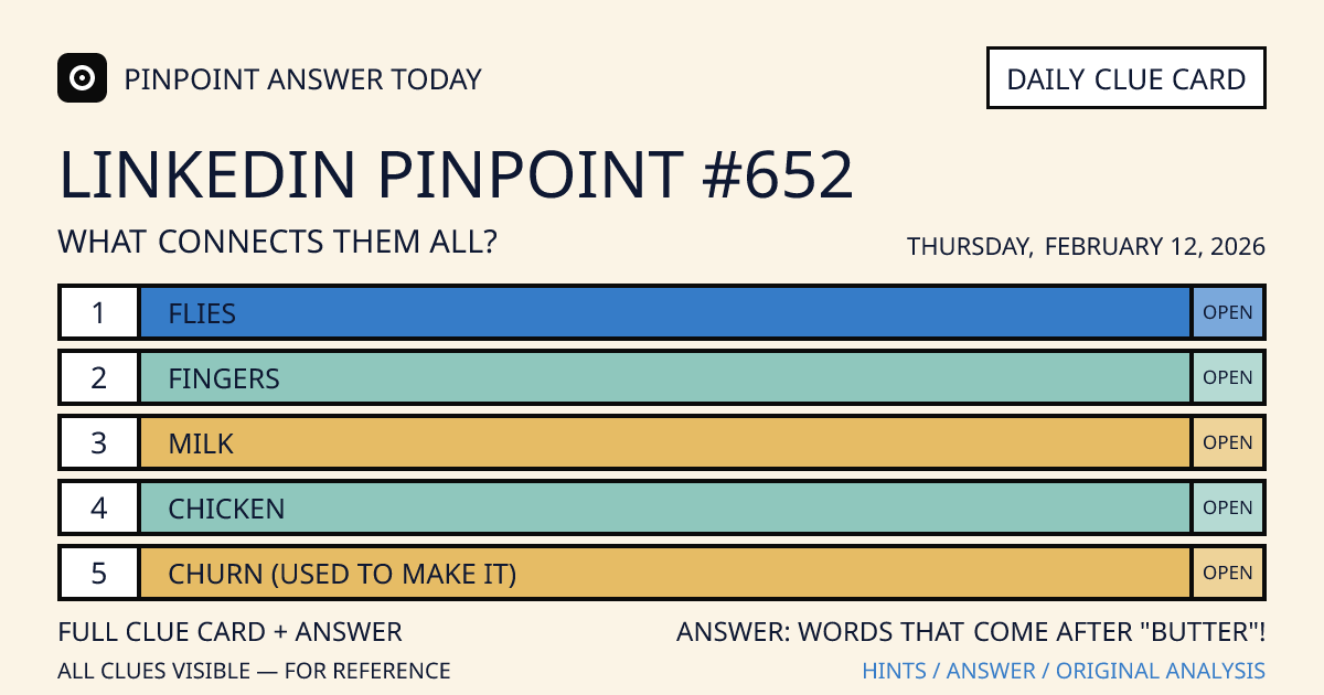 LinkedIn Pinpoint #652 clue card for Thursday, February 12, 2026, beginning with “Flies”