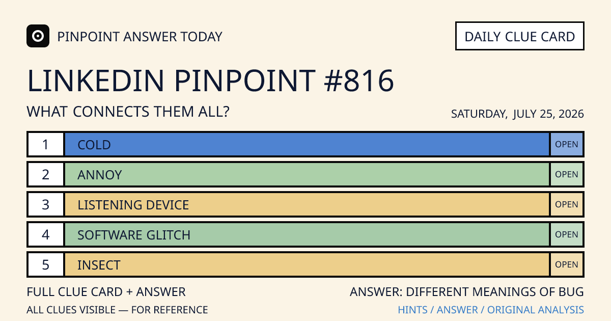 LinkedIn Pinpoint #816 clue card for Saturday, July 25, 2026, beginning with “Cold”