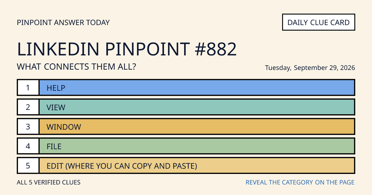 LinkedIn Pinpoint #882 clue card for Tuesday, September 29, 2026, beginning with “Help”